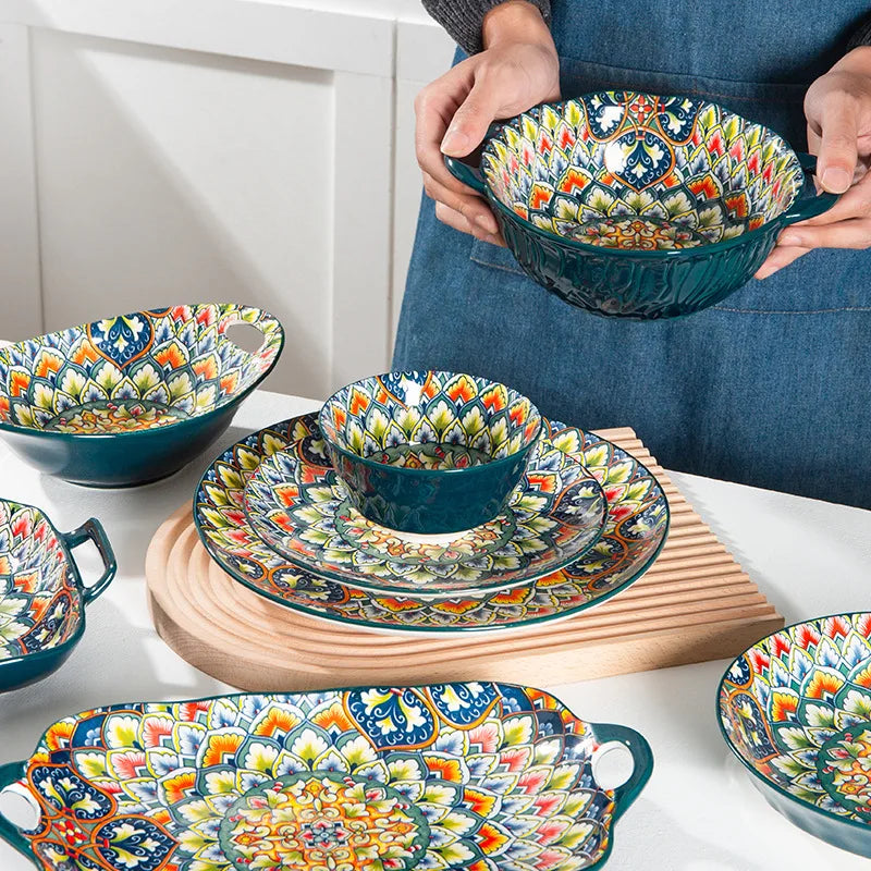 1Pcs Bohemia Retro Ceramic Dinner Plates Sets Food Plate Household Tableware Set Breakfast Plates Salad Soup Bowls Dinnerware
