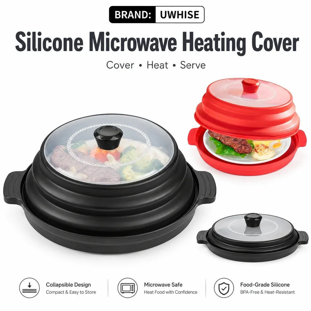 Uwhise 2-in-1 Microwave Splatter Cover for Food with Anti-Scald Base Plate Silicone Vented Collapsible Guard Lid Kitchen Gadgets