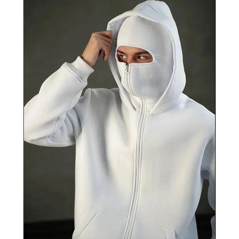 Men's Balaclava Zip Hoodie, Winter Warm Face Mask Hooded Jacket
