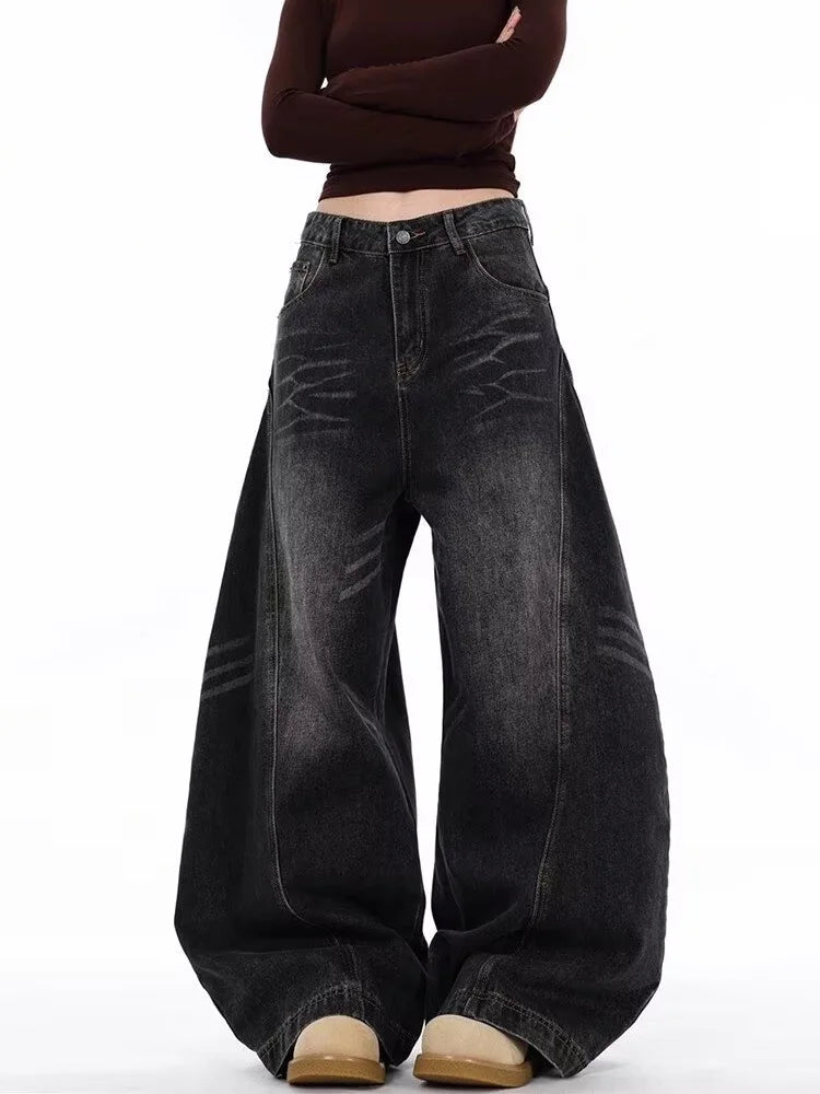 2026 Japanese Y2K Fashion Vintage Black Patchwork Baggy Women's Jeans Pants Wide Leg Woman Clothing Casual Cotton Denim Trousers