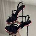 Women Satin Colorblock Stiletto High Heels Square Toe Rhinestone Buckle Ankle Strap Sandals Summer Party Prom Formal Dress Shoes