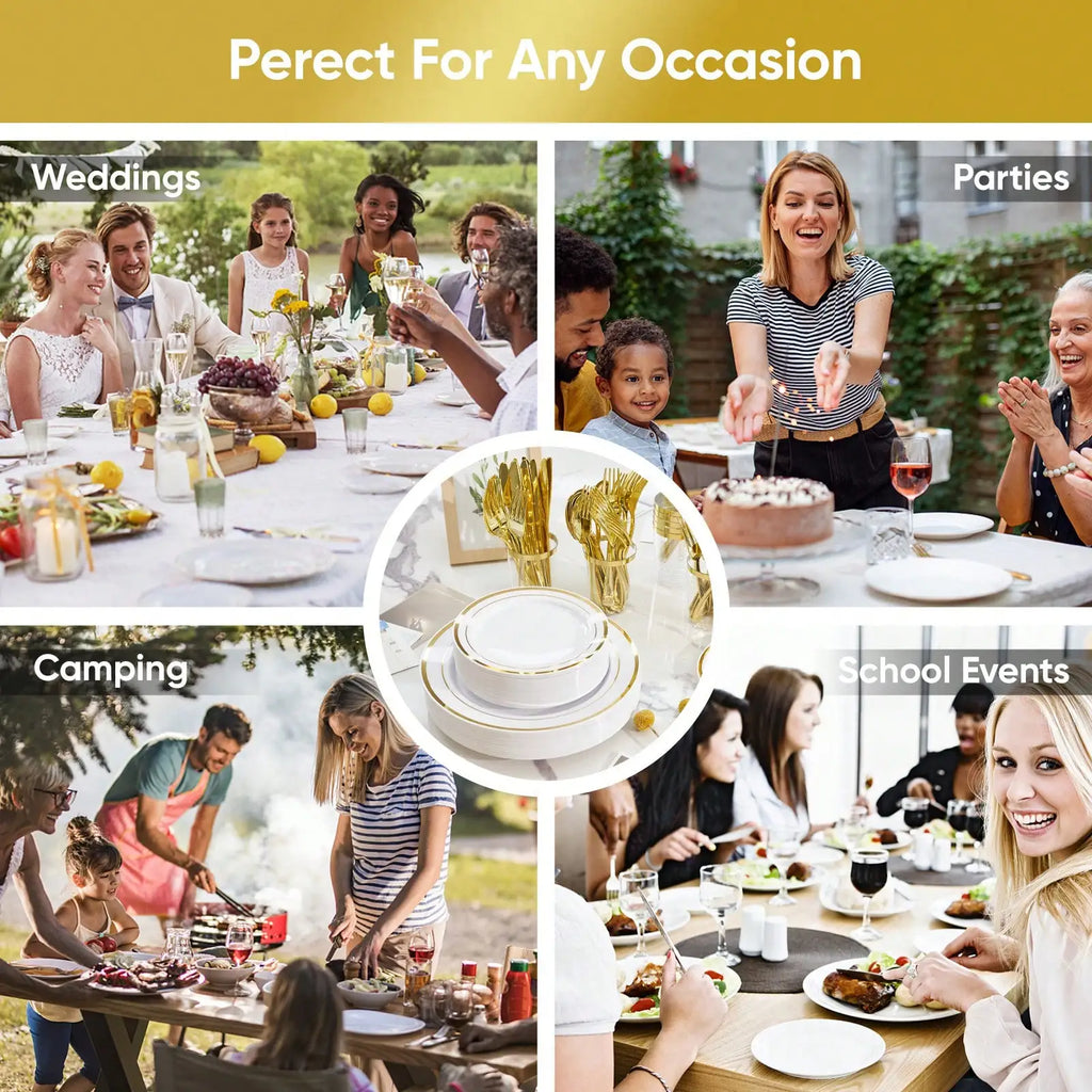 Disposable Dinnerware Set Elegant Luxury White Gold Rim Plastic Plates Gold Cutlery Cups Napkins 350 Pcs Serves 50 Guests Heavy Duty Party Tableware Set For Wedding Birthday Party Catering Showe