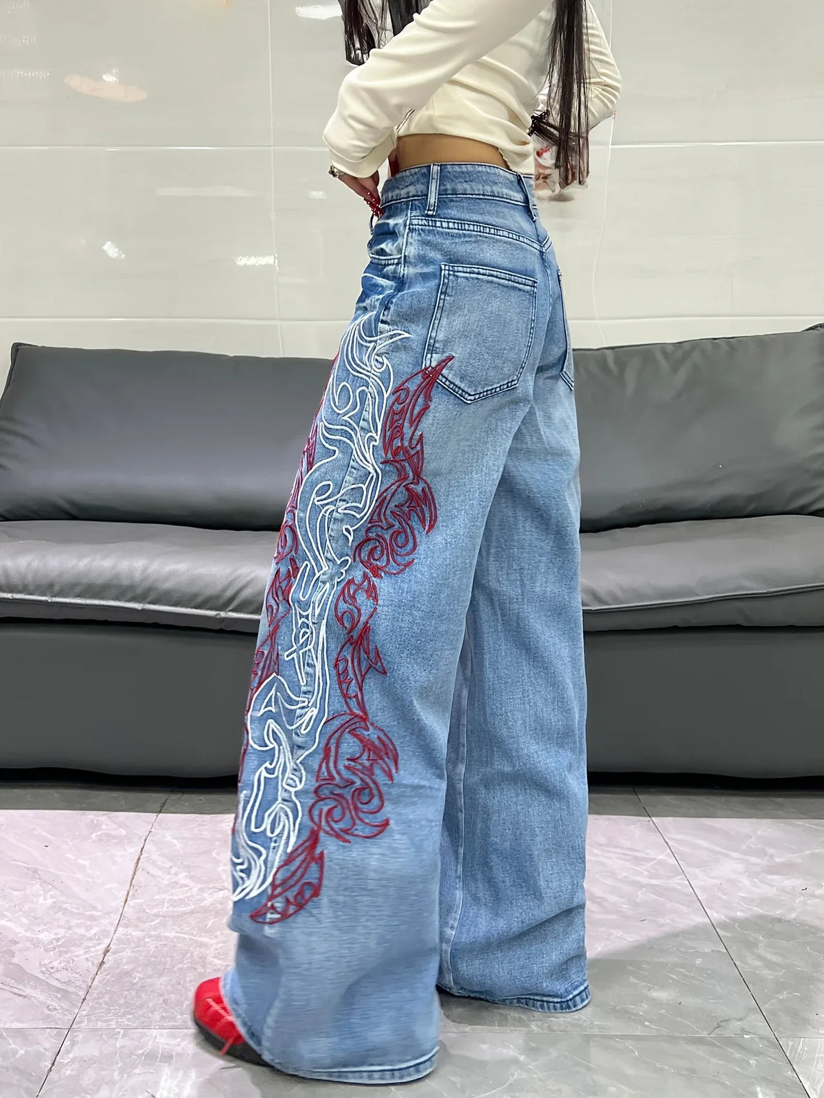 American Retro Two-Color Embroidered Wide-Leg Women's High-Waisted Jeans - Fashionable Design, Straight-Leg Loose Slimming Wide-Leg Floor-Length Trousers For Street Hotties