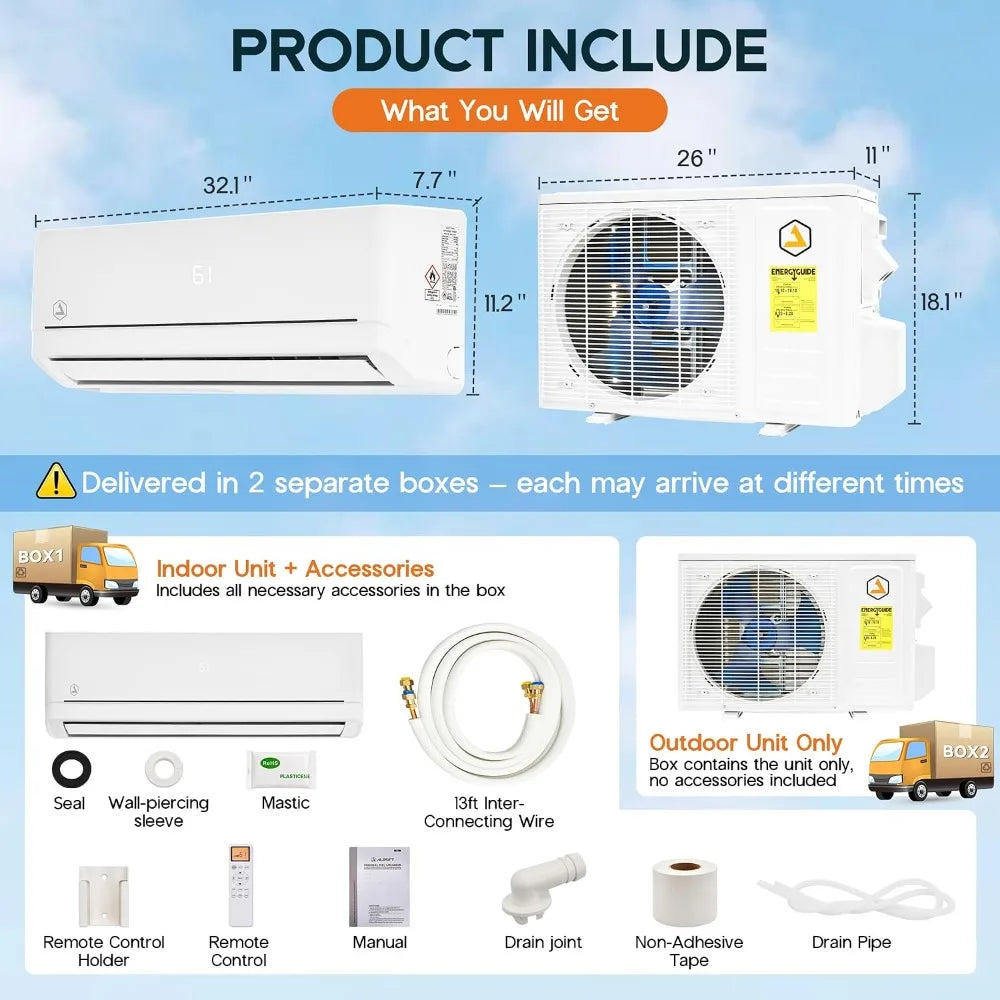 Easy DIY Series 12000 BTU Mini Split AC Heat Pump,18 SEER2 115V,Pre-Wired Indoor & Vacuum-Free Outdoor Unit,Custom