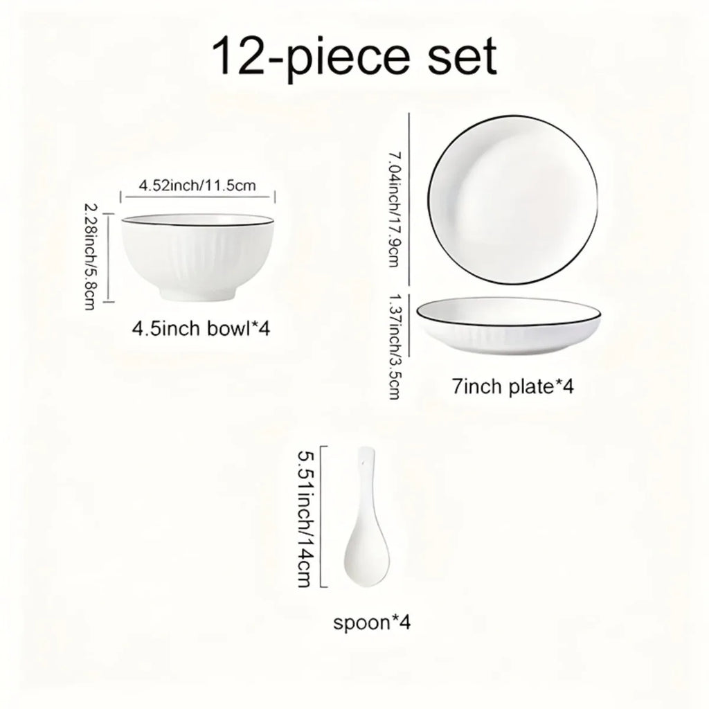 12-piece set Yamada Japanese Style Ceramic Dinnerware Set White & Black Underglaze Traditional Design Porcelain Bowls And Plates