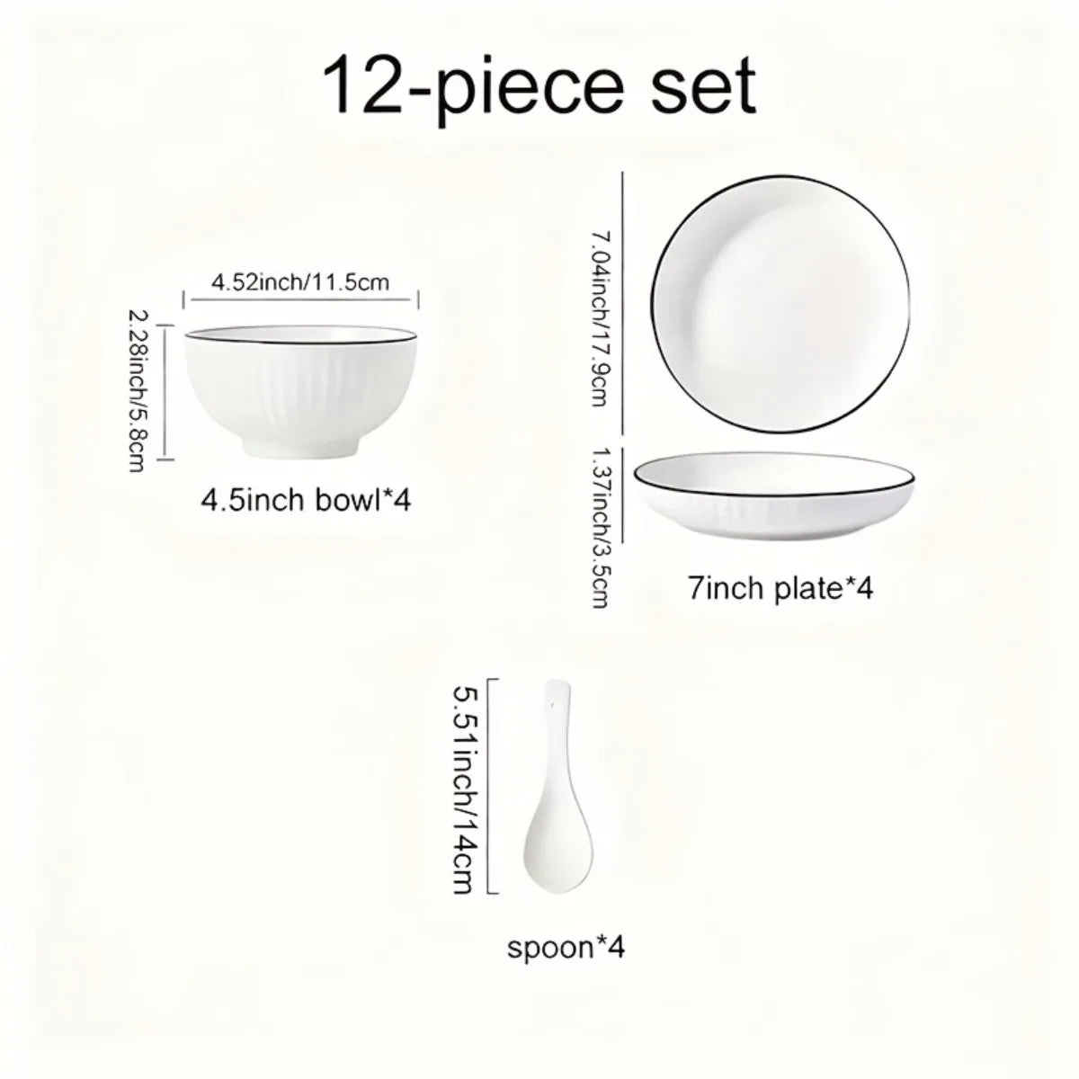 12-piece set Yamada Japanese Style Ceramic Dinnerware Set White & Black Underglaze Traditional Design Porcelain Bowls And Plates
