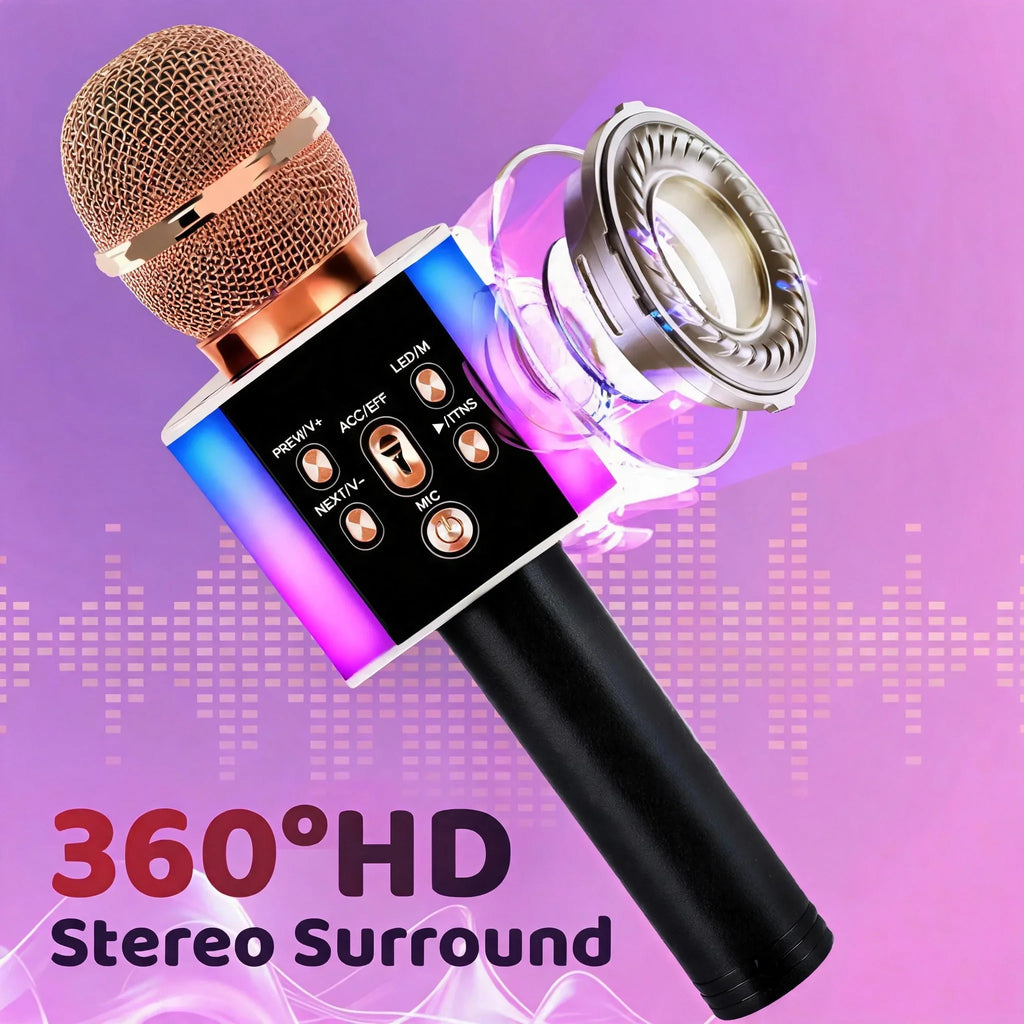 6-In-1 Wireless Karaoke Mic - Big Bass Wireless Speaker, LED Lights, Voice Changer, Pairable - Portable Singing Mic for Family, Birthday, Parties, Car Trips, Halloween, Thanksgiving And Christmas Gifts