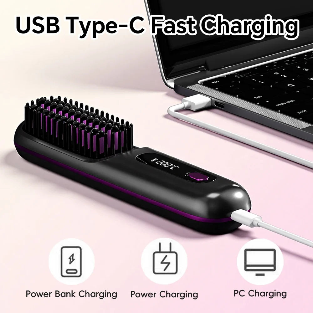 Rechargeable Hair Straightener Brush Ionic Hair Straightener Comb - 3 Temp Settings & Display, Straightening Brush for All Types