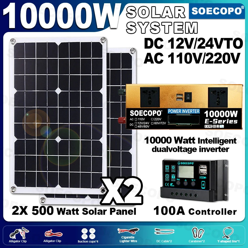 SOECOPO 10000W Complete Solar Kit 2×500W Panels, 12V/24V To 110V/220V Inverter Two Socket 100A Controller – For Home Camping