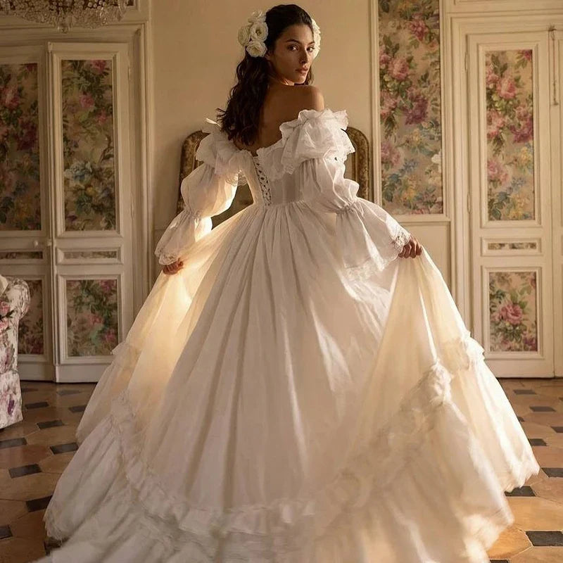 Eightree Vintage A-Line Wedding Dresses Puff Sleeve Lace Princess Wedding Ball Gowns Women Ruffled Bridal Prom Dress Customized