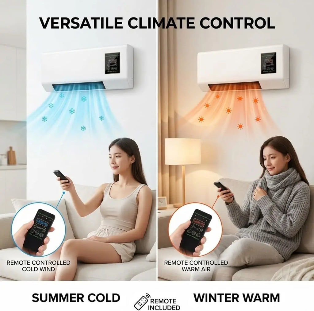 Wall Mounted Air Conditioner Fan, 2-in-1 Heater and Cooling Combo, 1800W PTC Space Heater Combo Unit with Remote 8H Timer, Quiet Ductless Smart Airflow for Bathroom Office(White)