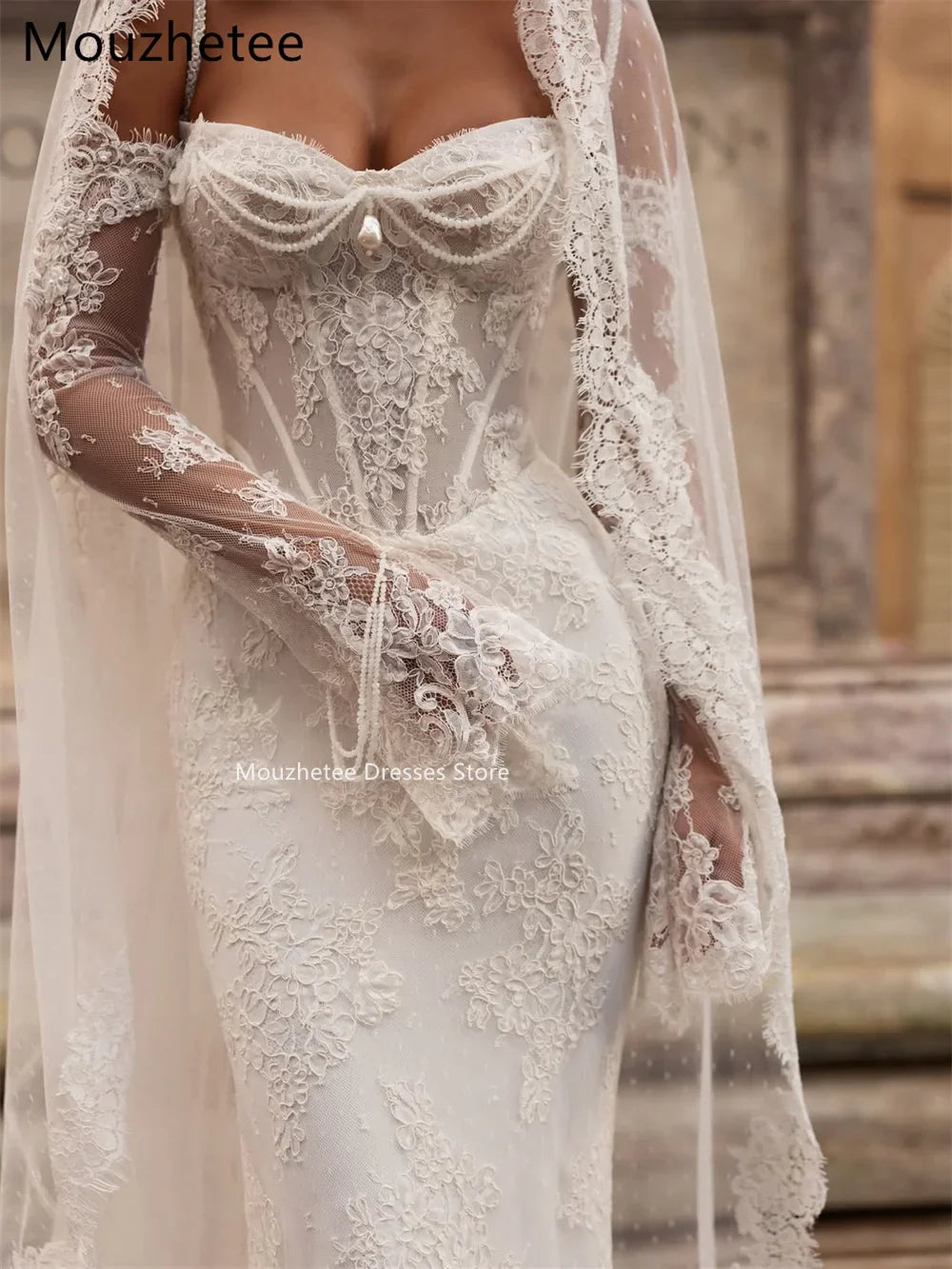 Mouzhetee Mermaid Elegant Pearls Lace Strapless Wedding Dresses Simple Sleeveless Brides Gown Custom Made 2026
