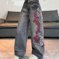 Vintage Dark Grey Fade Women High Waist Wide Leg Jeans Side Red White Abstract Embroidery Denim Summer 2026 Euro Street Pants