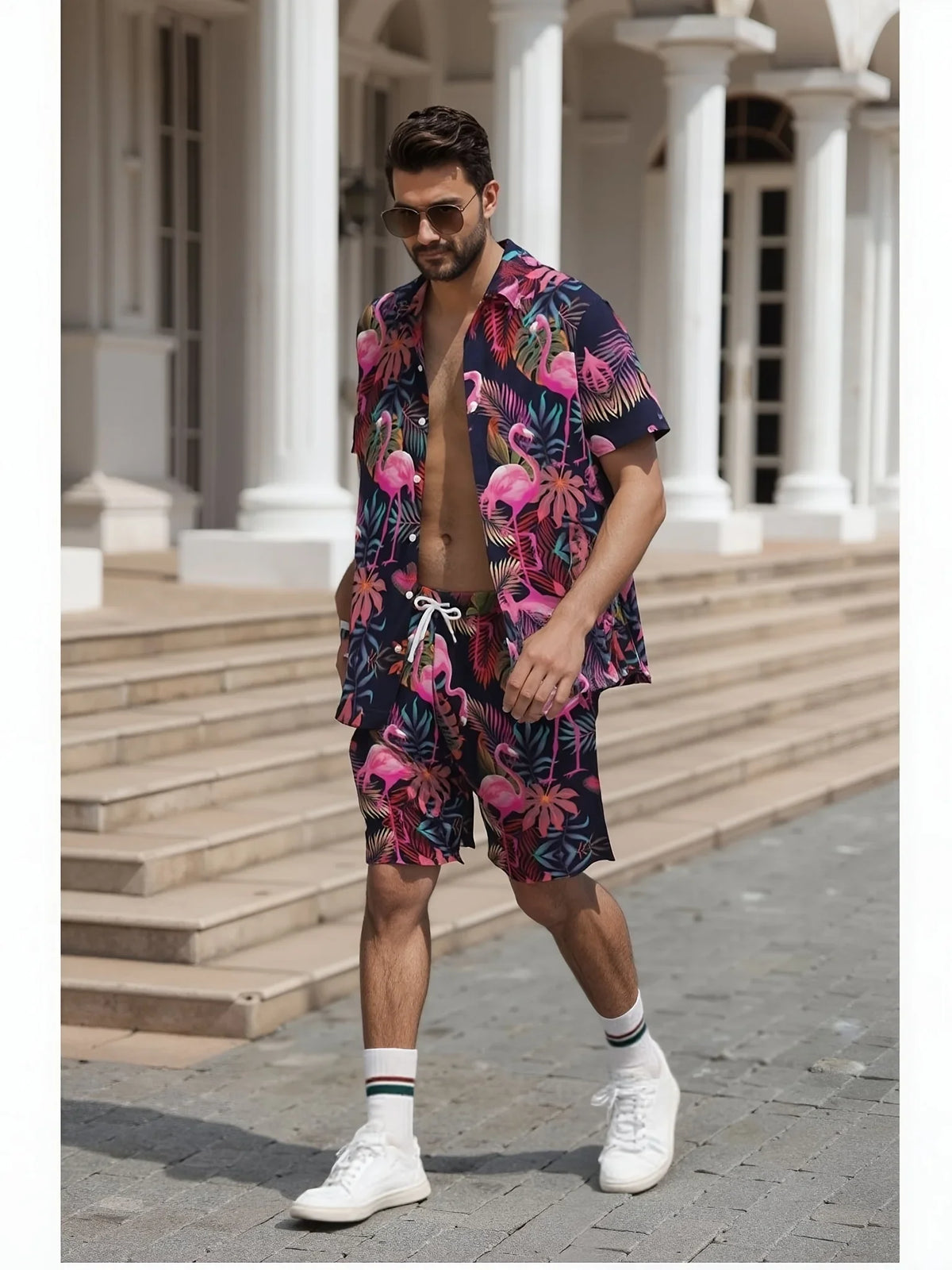 Men'S Summer 2025 Hawaiian Flamingo Pattern Short Sleeve Shirt and Shorts Set Casual Loose Fit for Vacation and Daily Wear