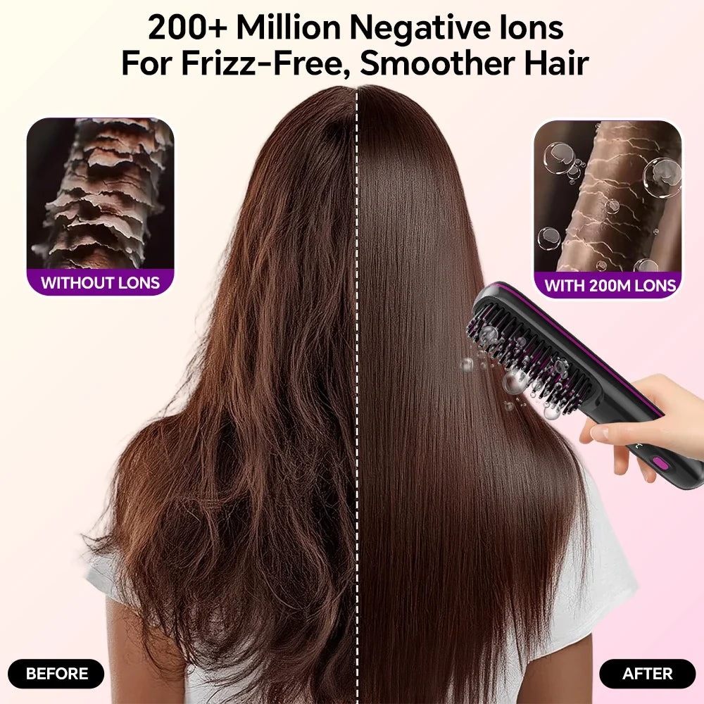 Rechargeable Hair Straightener Brush Ionic Hair Straightener Comb - 3 Temp Settings & Display, Straightening Brush for All Types