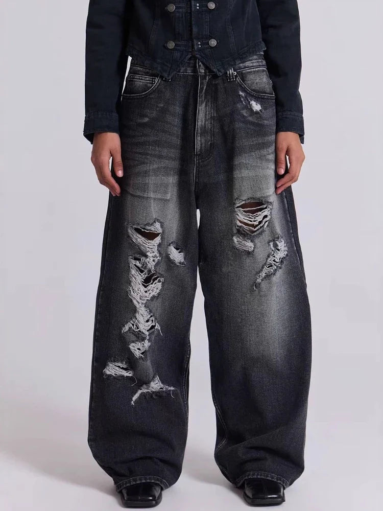 HOUZHOU Y2k Gothic Vintage Graphic Women Man Ripped Jeans Grunge Washed Wide Leg American Style Denim Trousers Baggy High Street