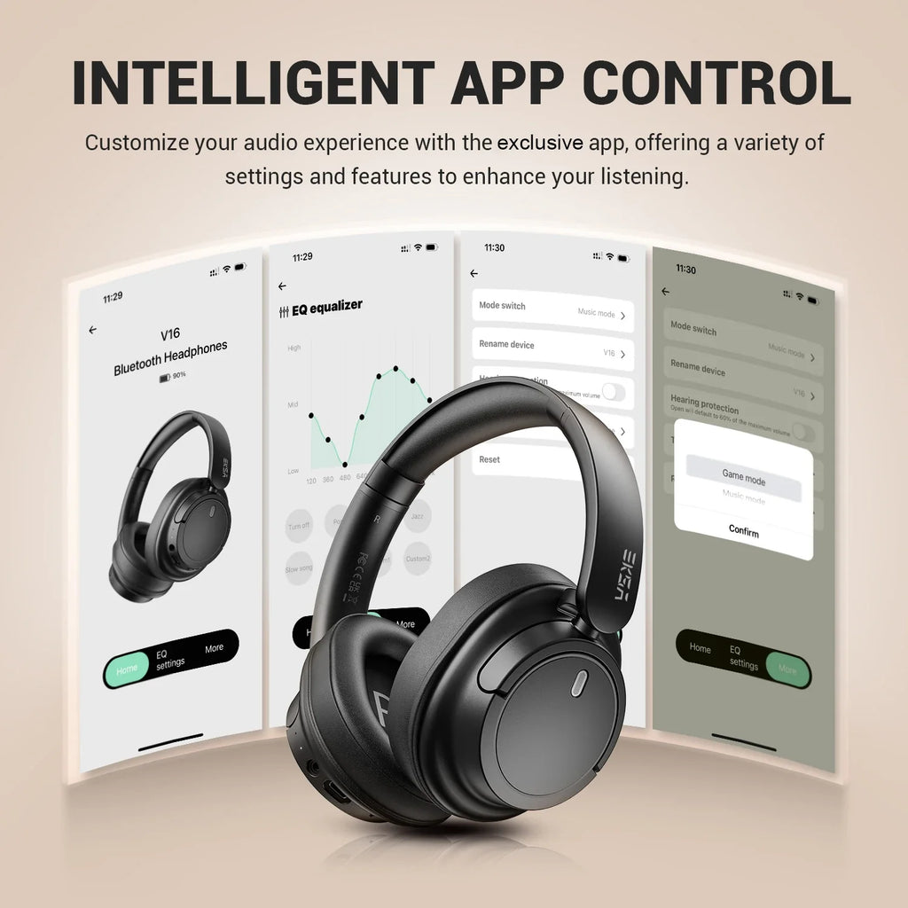 Bluetooth 5.3 Wireless Headphones 90H Playtime 40mm Drivers Over Ear Headset 3.5mm Wired Stereo Bass Pop Sound Modes Multipoint App Control Built In Mic Foldable 197g Deep Bass for iPhone Android PC Mac Music