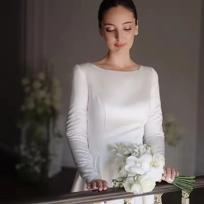 White A-Line Long Wedding Dresses Simple O-Neck Long Sleeve Bride Dress 2025 Boho Beach Wedding Prom Gowns Customized