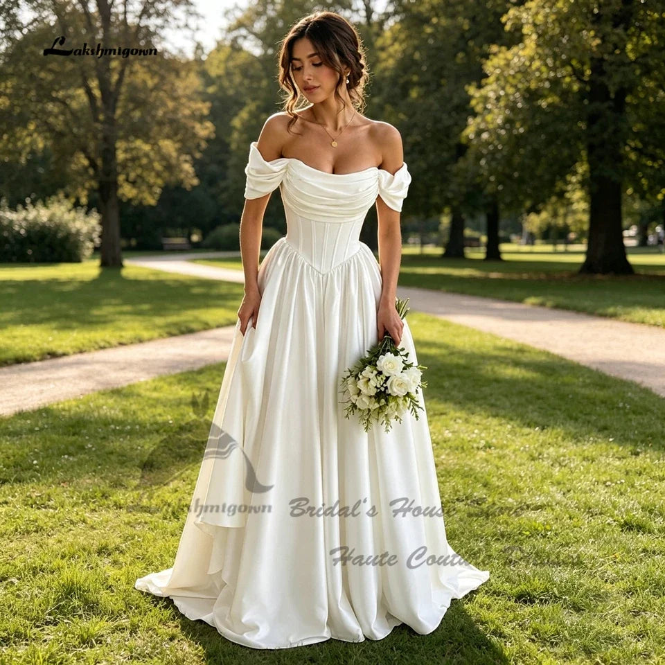 Lakshmigown Minimalist Satin Corset Wedding Dresses 2027 Sexy Women A Line White Bridal Dresses Off Shoulder Customized