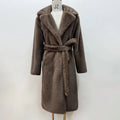 Women Elegant Solid Color Faux Fur Long Coat Notched Collar Belted Waist Loose Oversized Warm Winter Street Thick Outerwears New