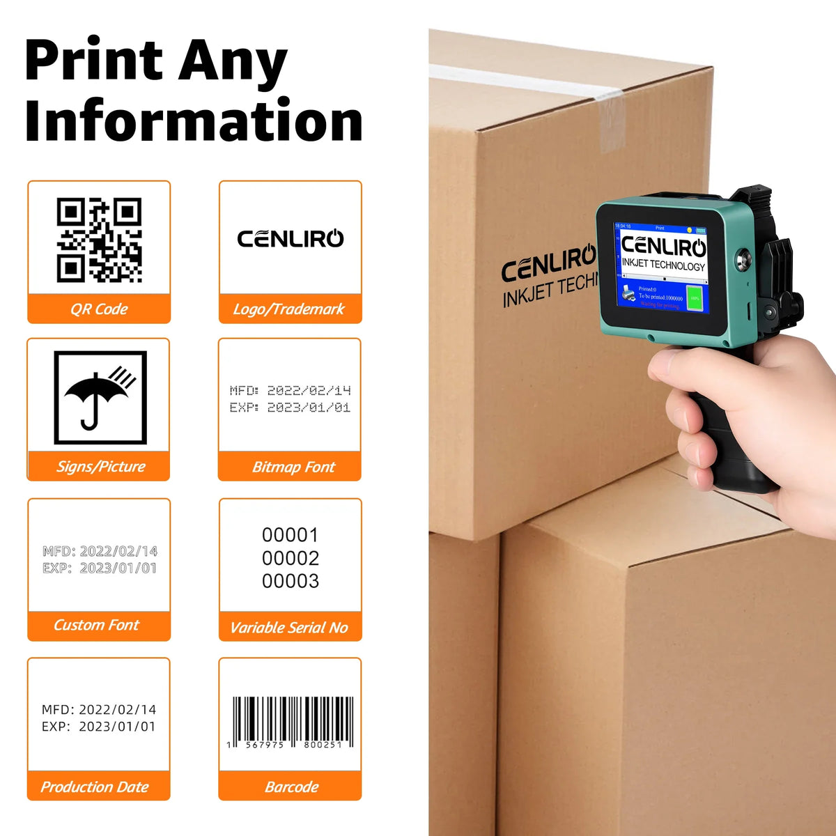 Cenliro CL05P Detachable Handheld Inkjet Printer 12.7mm Mini TIJ Printer for QR Barcode Batch Date Number Expiry Logo
