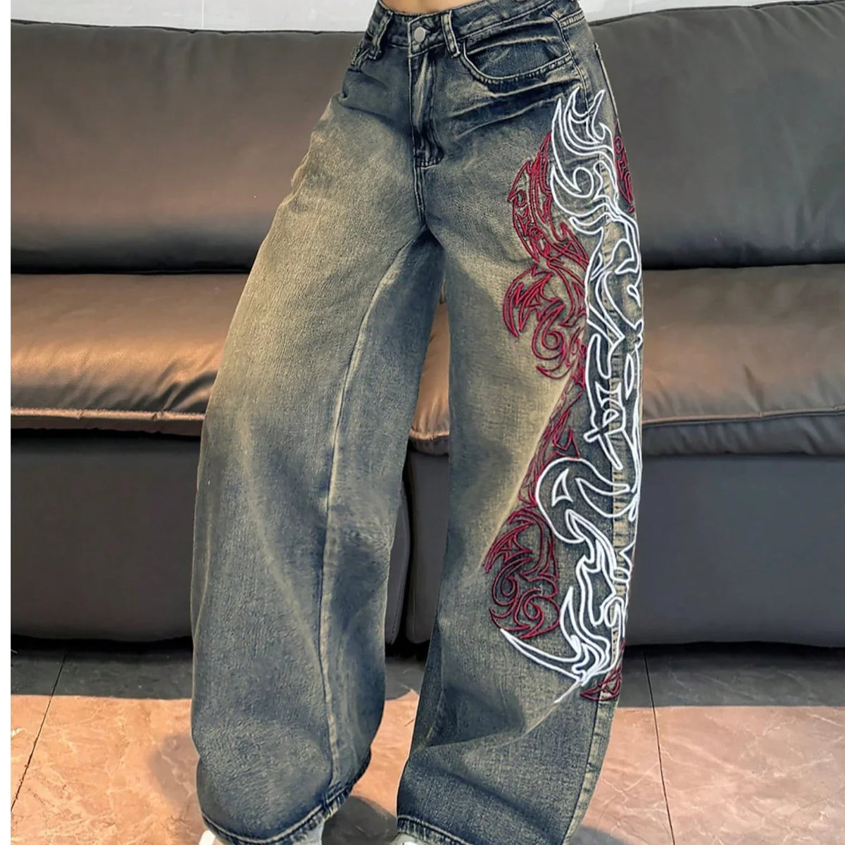 American Street Hot Item Women Vintage Mud Washed Wide Leg Jeans Abstract Side Embroidery High Waist Baggy Y2K Spicy Pants