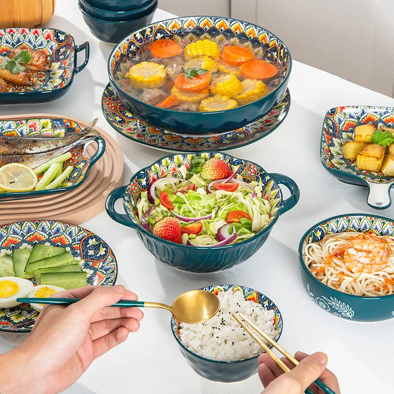 1Pcs Bohemia Retro Ceramic Dinner Plates Sets Food Plate Household Tableware Set Breakfast Plates Salad Soup Bowls Dinnerware