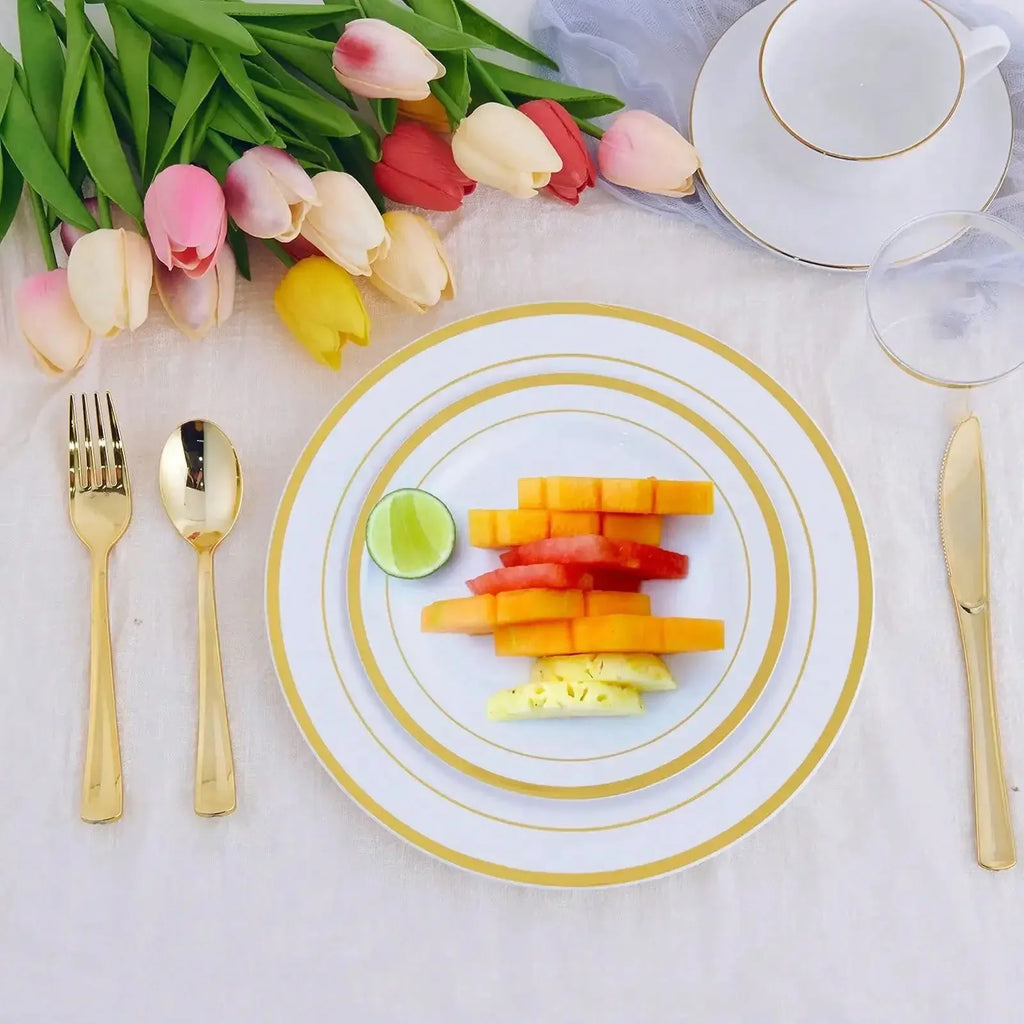 New Multi piece Set - Gold Platter Set, Plastic Tableware, Gold Edge Plate, Knife, Fork, Spoon, Party Wedding Set, Dessert Plate
