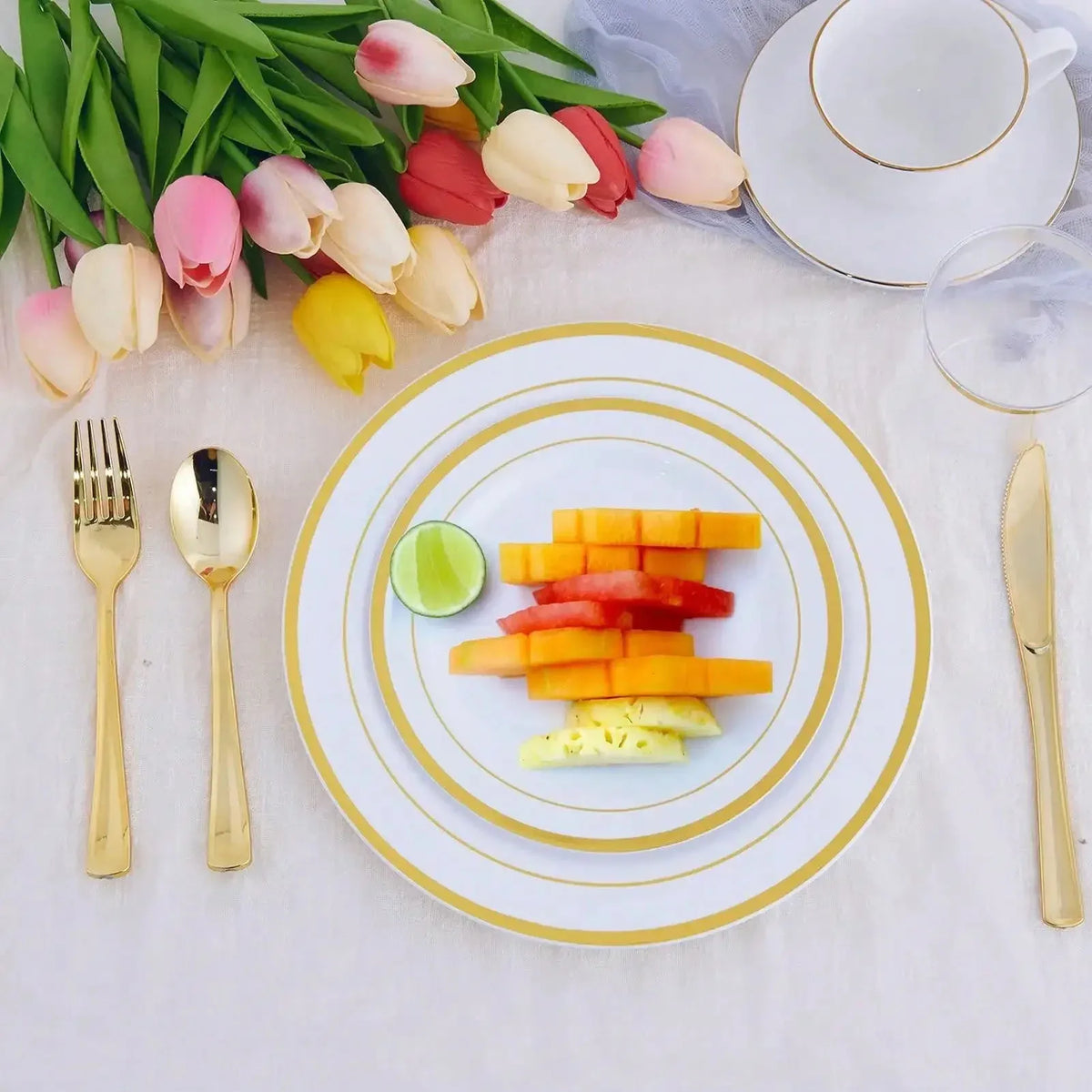 New Multi piece Set - Gold Platter Set, Plastic Tableware, Gold Edge Plate, Knife, Fork, Spoon, Party Wedding Set, Dessert Plate