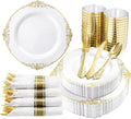 350PCS Gold Plastic Plates - Gold Plastic Dinnerware Sets for 50 Guests - 100 Disposable Plates, 150 Silverware, 50 Cups, 50 Nap