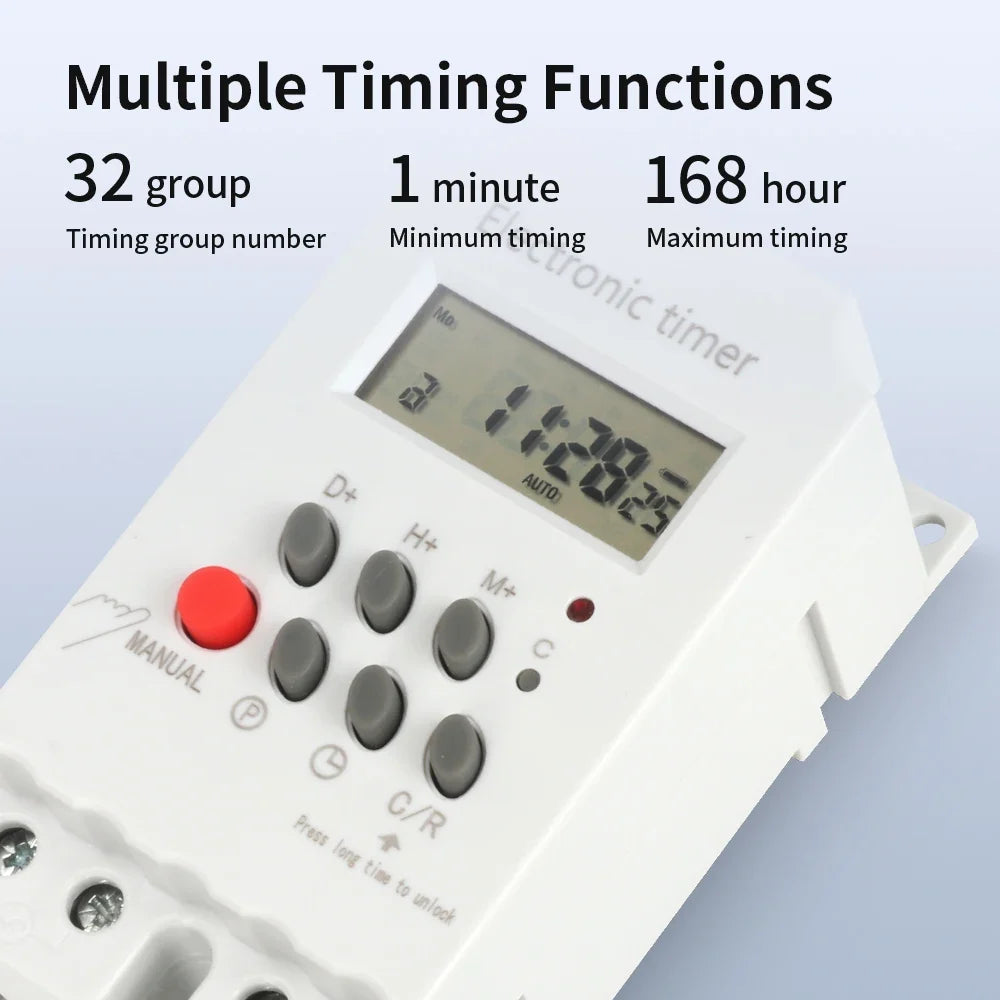 TNCE 30A Timer Switch 220V, big power time control switch, set to seconds, 32 groups of timer on and off light, water pump timer