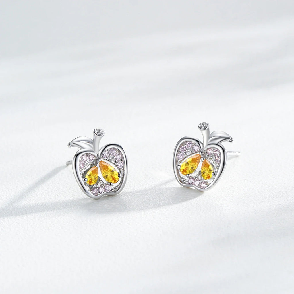 Ailmay Real 925 Sterling Silver Cute Fine Apple Rainbow Zirconia Fruit Stud Earrings For Women Girls Party Accessories Jewelry