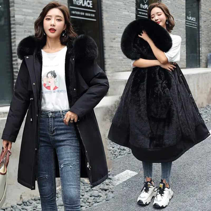 Women's Winter Parka, Hooded Fur Collar Thick Warm Long Coat