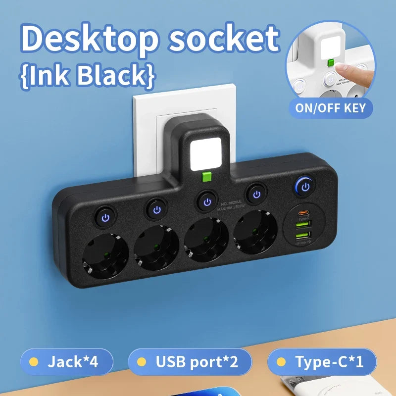 EU Plug Power Strip Outlets,4 Sockets with 2 USB Type-C port Wall Charger Two specifications for Home Offices Power Socket