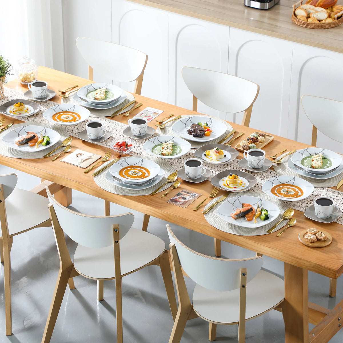 VEWEET 30-Piece Porcelain Ceramic Kitchen Dinner Plate Set with 6pcs Dessert Plates/Soup Plates/Dinner Plates/Cups/Saucers