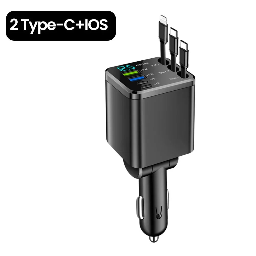 Elough 7 In 1 Car Charger Retractable USB C To ios Cable For iPhone Samsung Car Phone Charger USB Cigarette Lighter QC Adapter