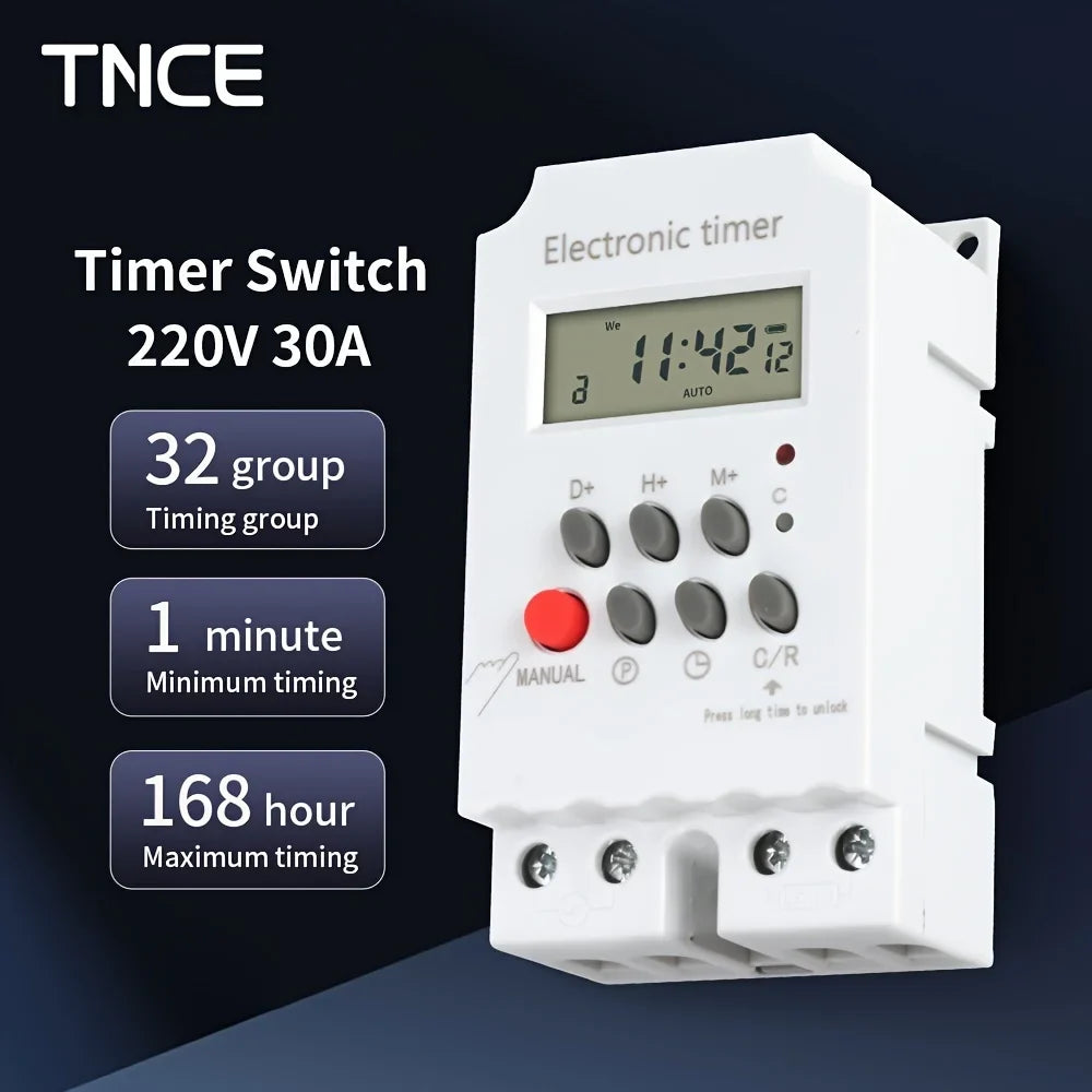 TNCE 30A Timer Switch 220V, big power time control switch, set to seconds, 32 groups of timer on and off light, water pump timer