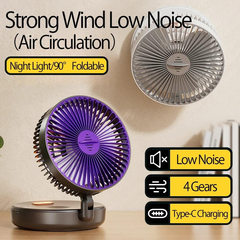 2024 New 3IN1 5000mAh Rechargeable Portable Desktop Fan Wall Mounted Fan 90° Folding USB Fan 4 Gears With Warm Night Light