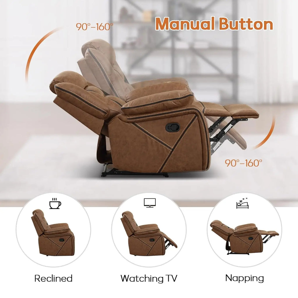 Faux Leather Manual Loveseat Recliner, 2 Seat Reclining Sofa Chair with Center Console, Hidden Storage and Cup Holders,, Custom