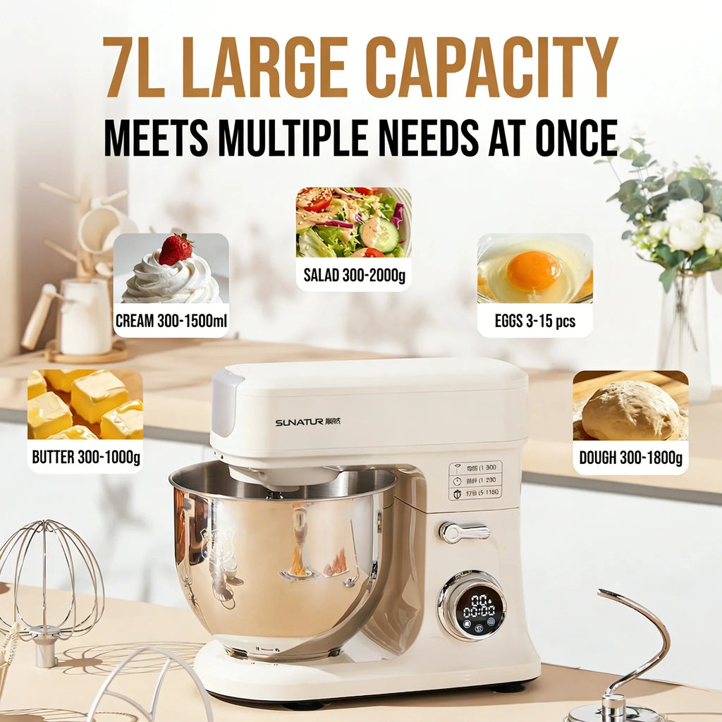 SUNATUR SM-606E Stand Mixer 900W 7L Electric Kitchen Mixer with 11 Speeds & Timer, Ultra-Quiet Dough Mixer for Home Baking