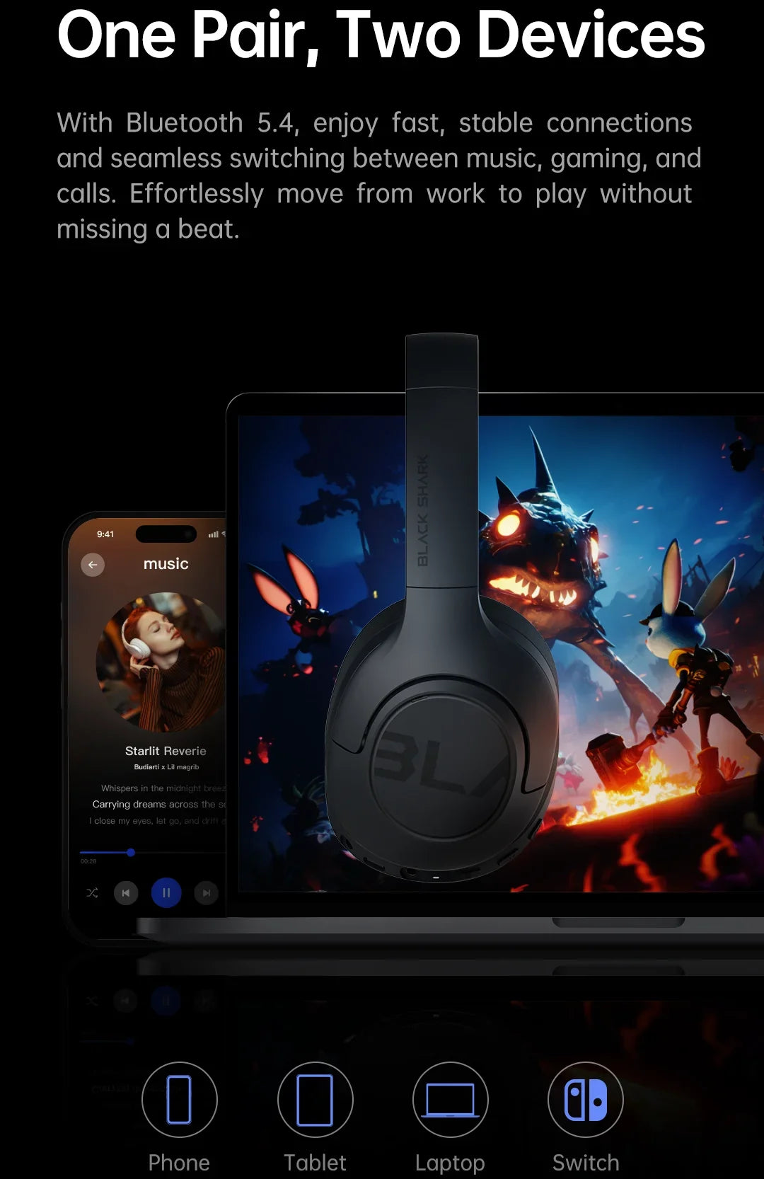 Black Shark V2 Wireless Headphones, ANC Noise Reduction Over-Ear Foldable Headset Bluetooth 5.4 100H Play Hi-Fi for Games Sports