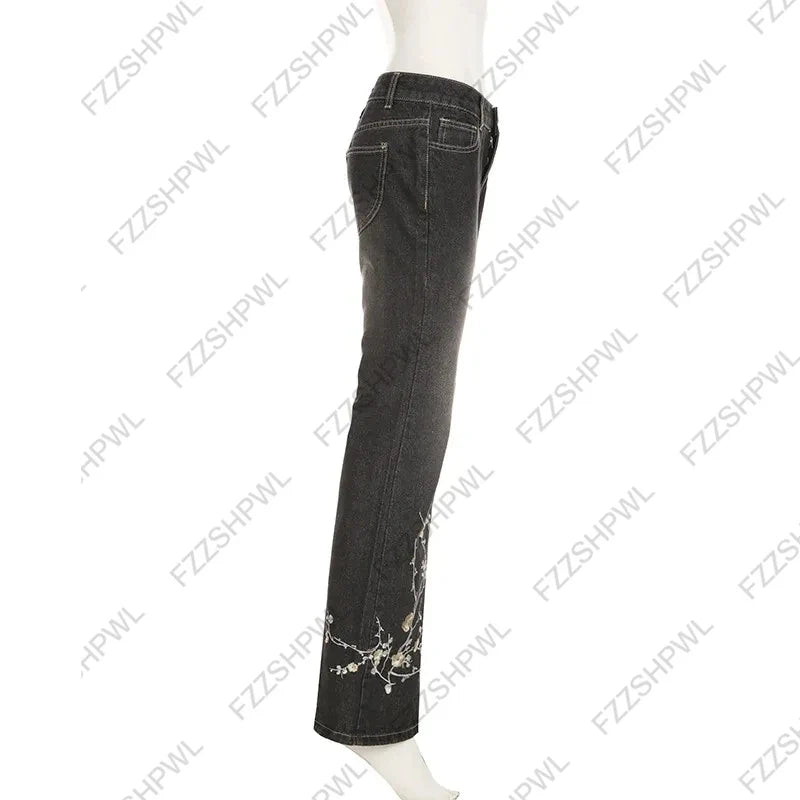 Women's Floral Embroidered Jeans Spring and Autumn Retro Low-Rise Flared Pants Loose Knit Basic Style All-match Streetwear 2000s