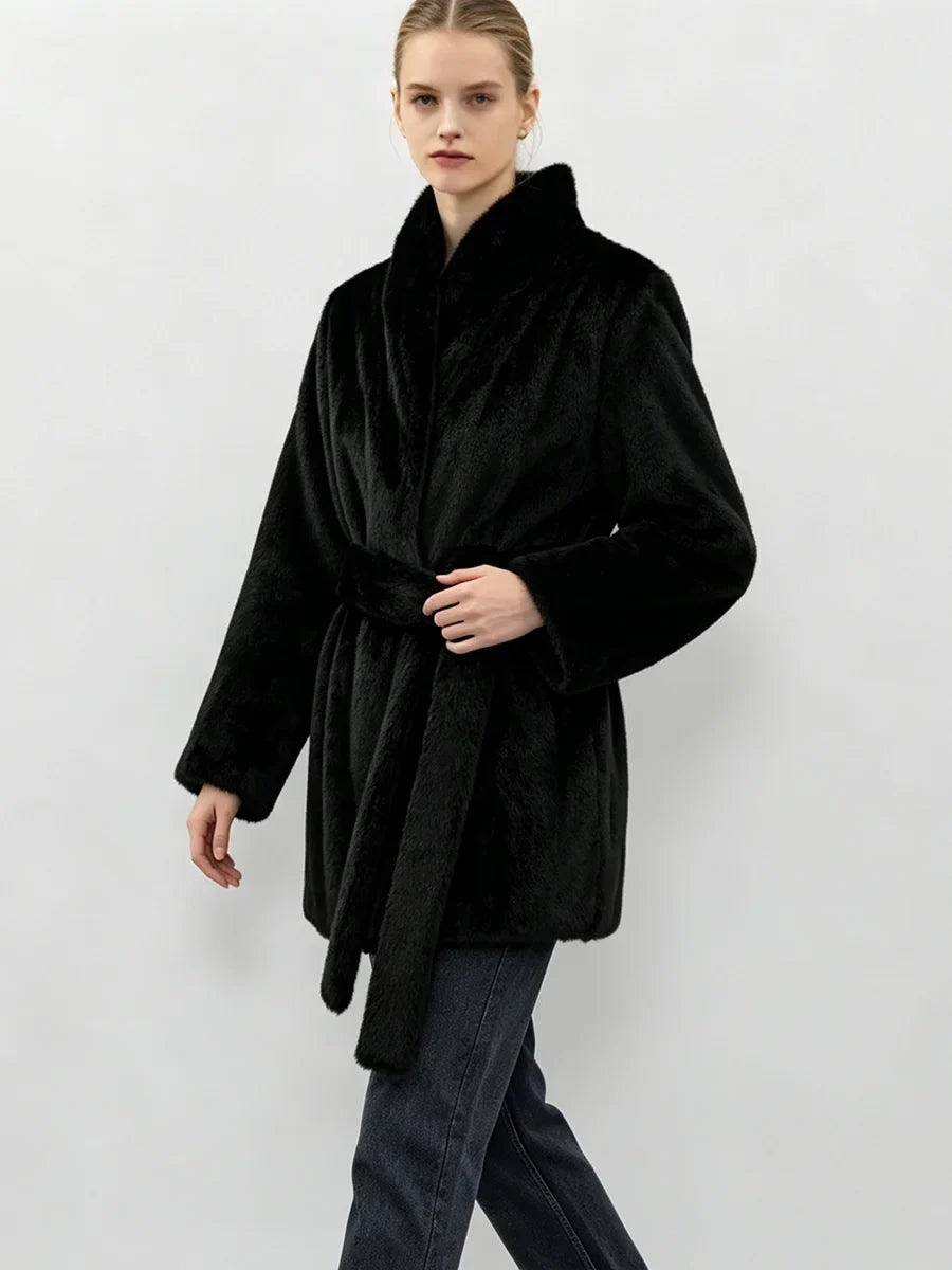LIMO Women  Faux Mink Fur Coat Wrap Belted Waist Stand Collar Long Sleeve Loose Warm Winter Elegant Ladies  Plush Outerwear