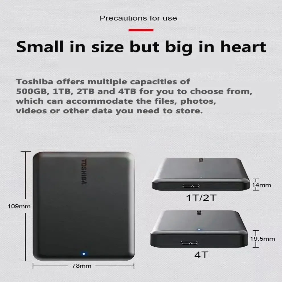 For Toshiba A5 Series Small Black Portable Hard Drive, High-Speed Gen1, 500GB/1TB/2TB/4TB, Compatible With Mac for Data Storage