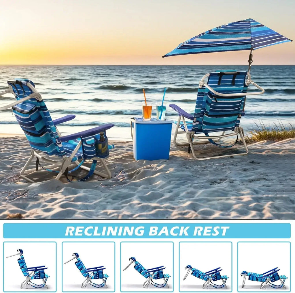 Backpack Beach Chair with Adjustable Umbrella, Folding Lounge Chair for Adults, Includes Cup Holder
