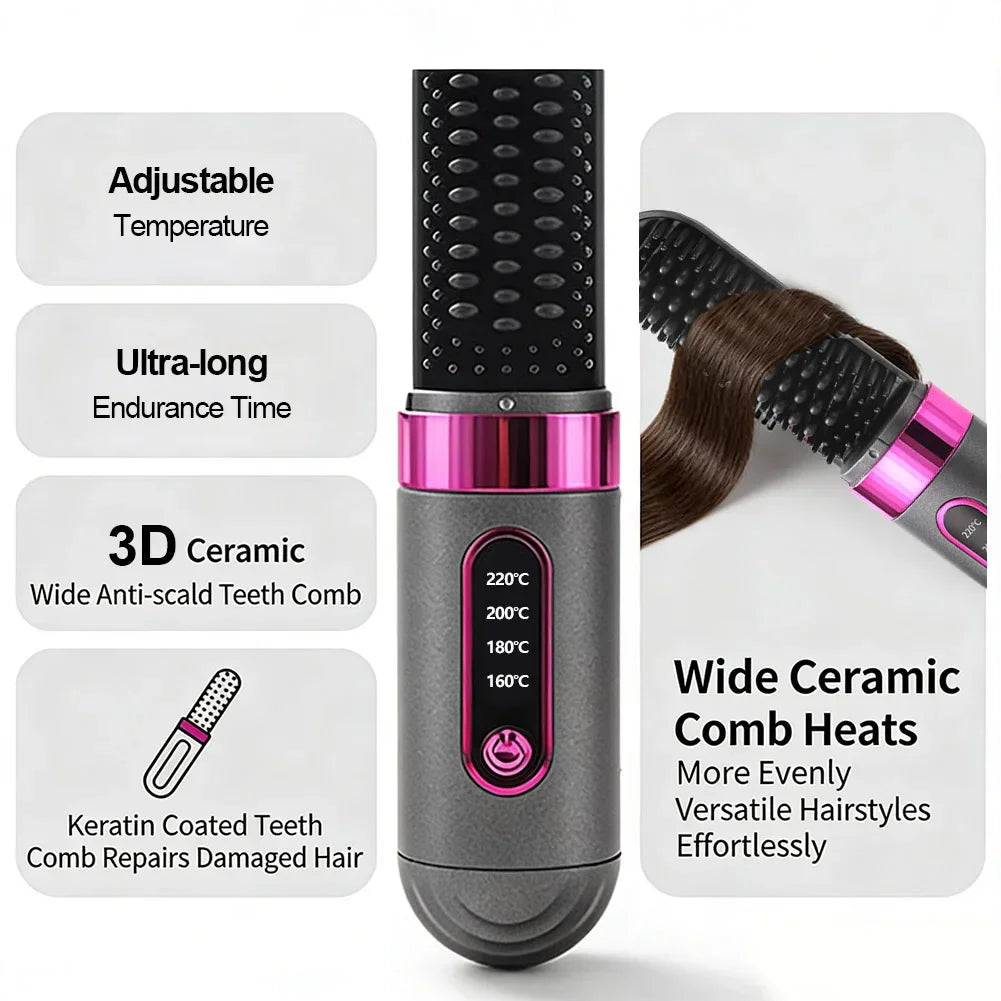 For Travel Beauty Hair Tool Wireless Mini Hair Styler Portable Rechargeable Curling & Straightening Comb Temperature Adjustable