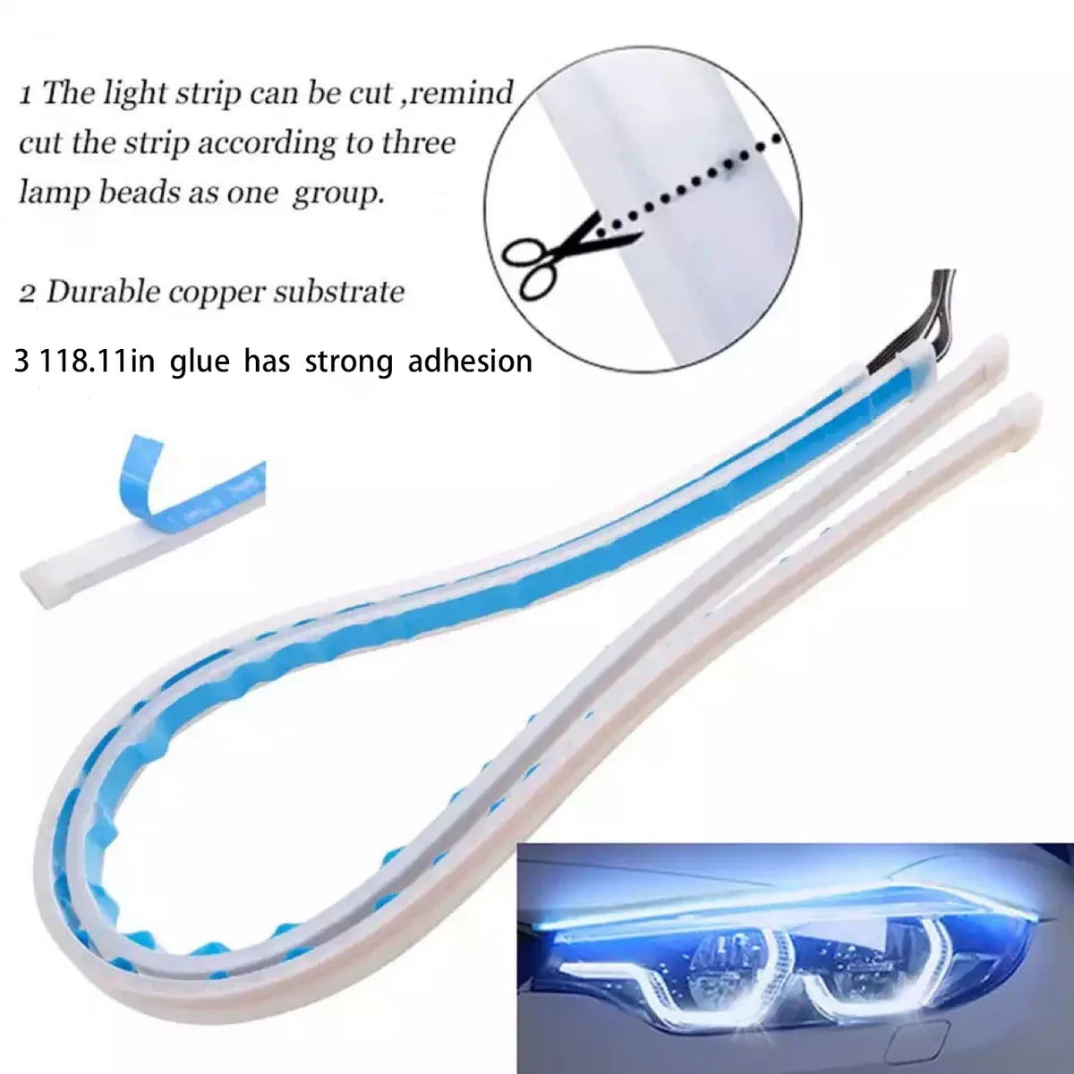 1Pc 12V LED DRL Car Running Light Flexible Waterproof Strip Auto Headlights White Turn Signal Brake Flow Lights Auto Parts