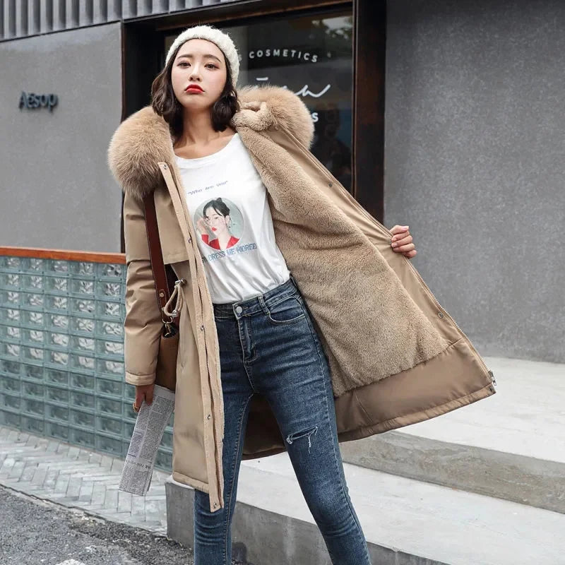 Women's Winter Parka, Hooded Fur Collar Thick Warm Long Coat