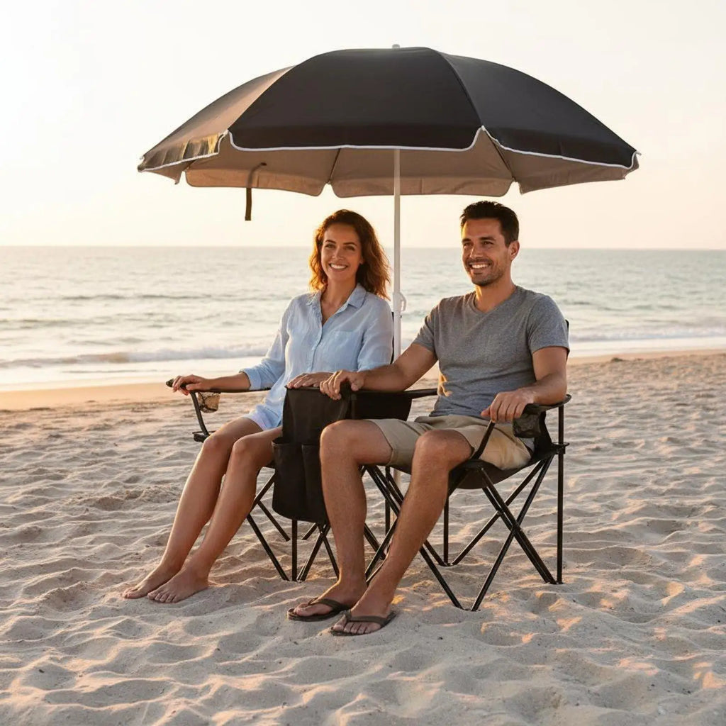 Portable Double Leisure Chair with Umbrella Folding Outdoor Loveseat for Camping Garden Patio Fishing