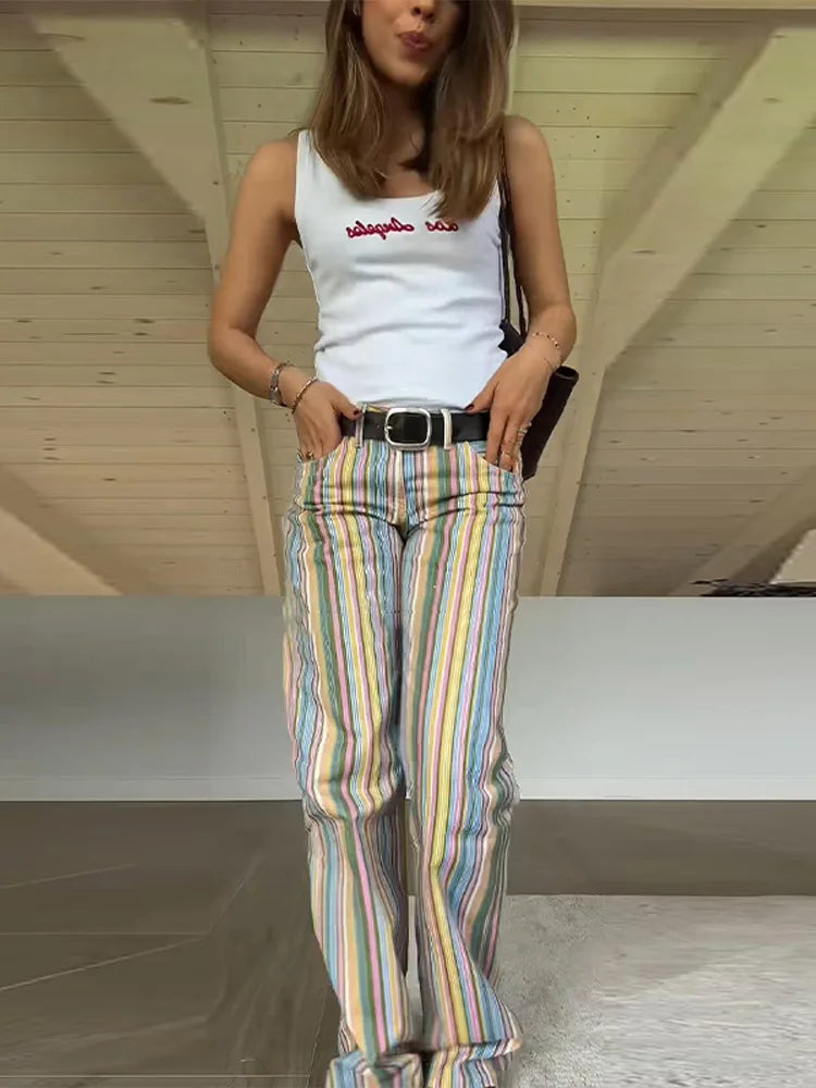 Rainbow Colorful Striped Pants Low-rise Braided Twist Denim Straight Lady Wide Leg Trousers 2026 Spring Summer Chic Casual Jeans